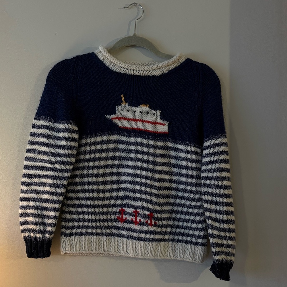Vintage handmade knit Navy and White Striped Sweater with Ship Design